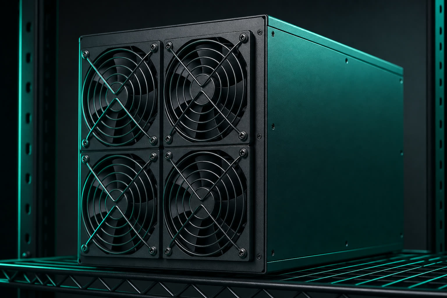 Close-up of a dark industrial ASIC mining machine with teal rim lighting