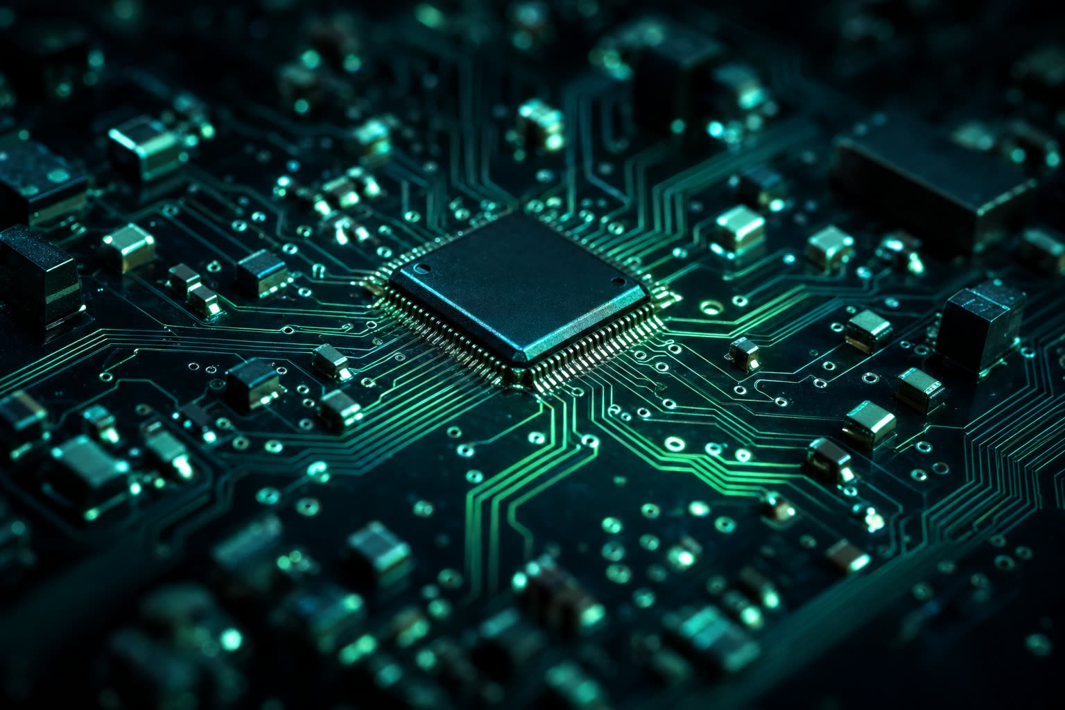 Macro photo of a circuit board lit with teal and mint accent light
