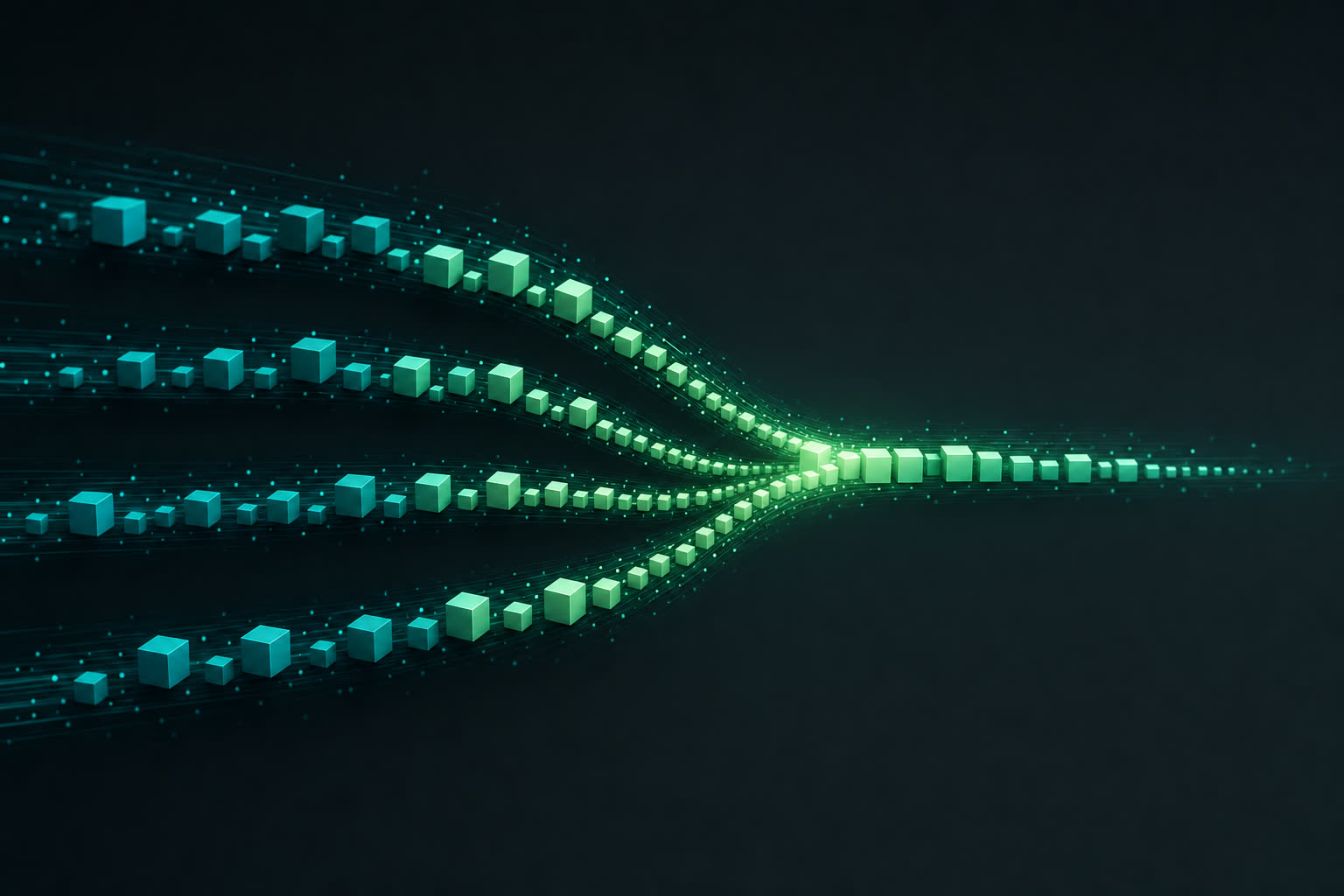Abstract illustration of glowing teal and mint blocks flowing in parallel and merging into one path
